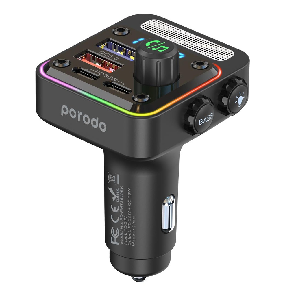 Porodo Quick-Charge FM Car Charger ( Dual USB-C & USB-A ) PD 36W - Black