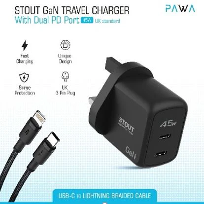 Pawa Stout Gan Travel Charger With Dual PD port 45W C to Lightning-Black- PW-GN45UKTL