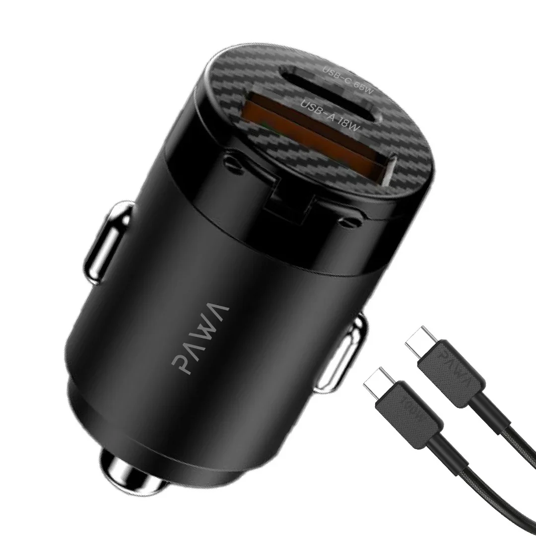 Pawa Supermini Dual Port Car Charger 65W with braided Type-c to Type-c cable-Black - PW-PDTCN65T-BK