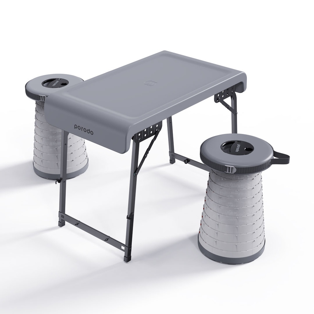 Porodo LifeStyle Camping Foldable Desk and LED (White/Yellow) Stool Set - Grey