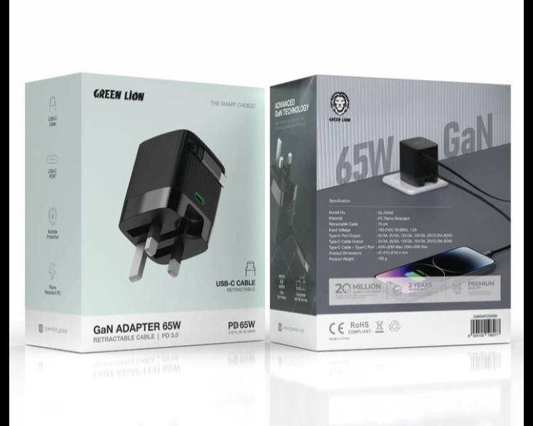 Green Lion Gan Adapter 65W Retractable Cable PD 3.0 - Black