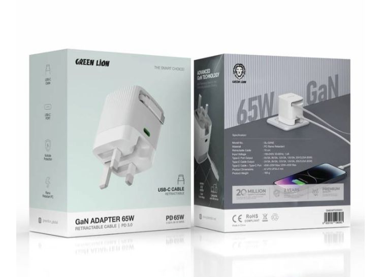 Green Lion Gan Adapter 65W Retractable Cable PD 3.0 - White