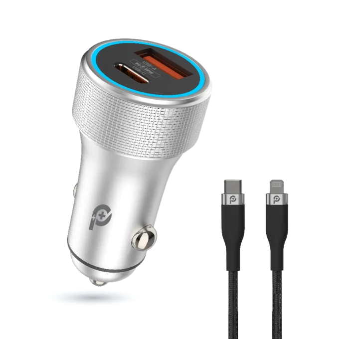 PowerO+ Power Extreme PD+QC Dual Output Car Charger 48W with Type- C to Lightning Braided Cable - Grey - PR-CCPD48CL-GY