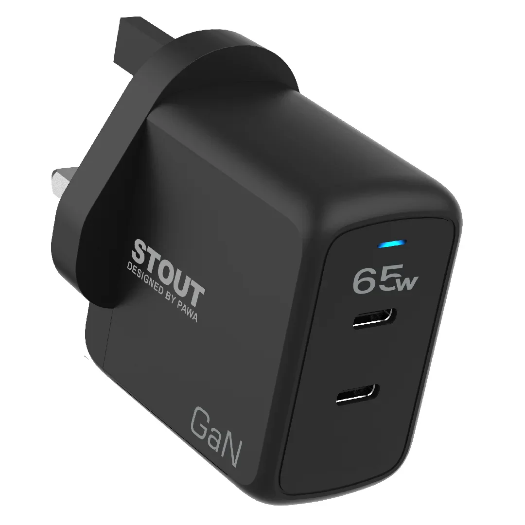 Pawa Stout Gan Travel Charger With Dual PD port 65W-Black - PW- GN65UK-BK