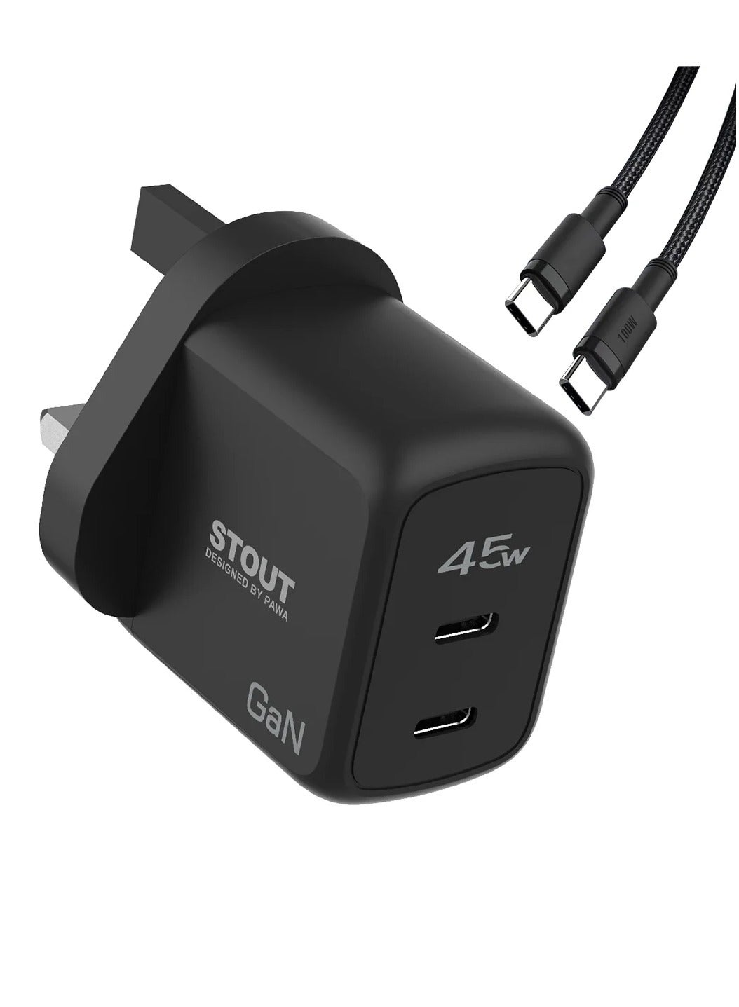 Pawa Stout Gan Travel Charger With Dual PD port 45W Type-C to C -Black - PW-GN45UKTT-BK