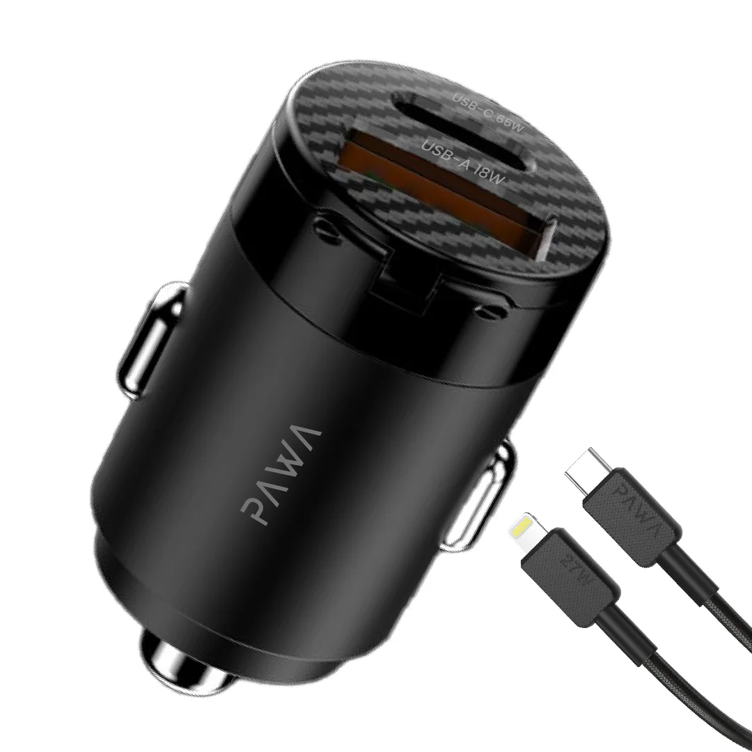 Pawa Supermini Dual Port Car Charger 65W with braided Type-c to Lightning cable-black - PW-PDTCN65WL-BK