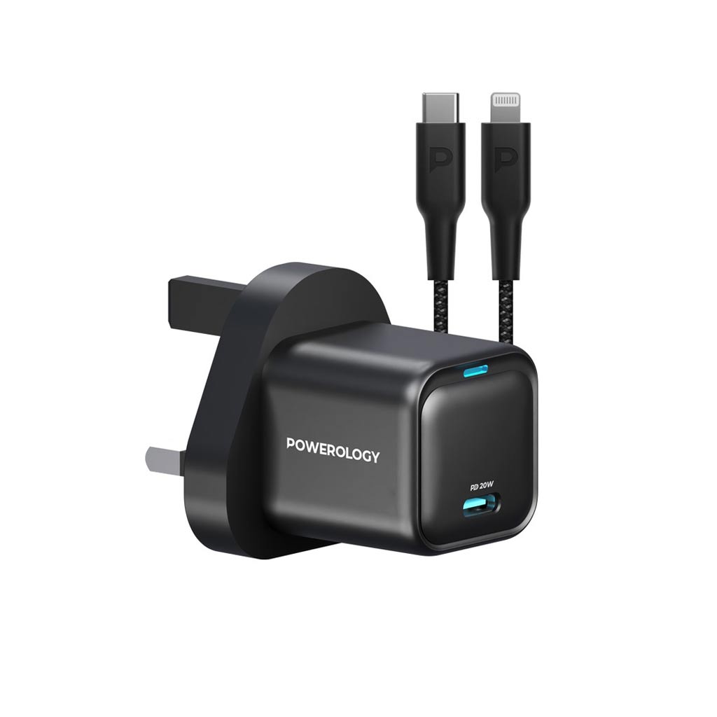 Powerology Ultra-Compact GaN Charger With USB-C To Lightning Cable 1.2 m/4ft-BLACK - PWCUQC016-L