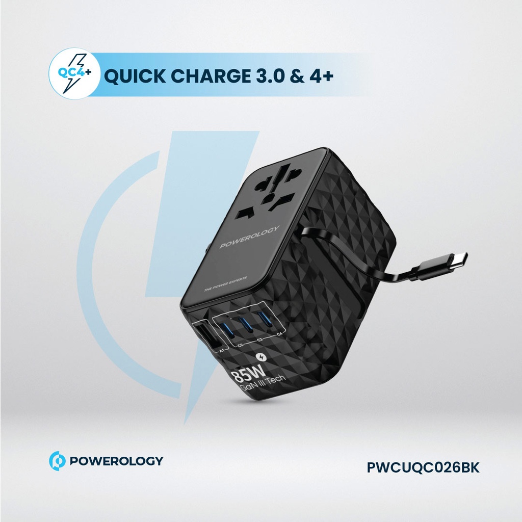 Powerology Universal GaN 85W Super Charger Retractable Type-C- Black - PWCUQC026BK