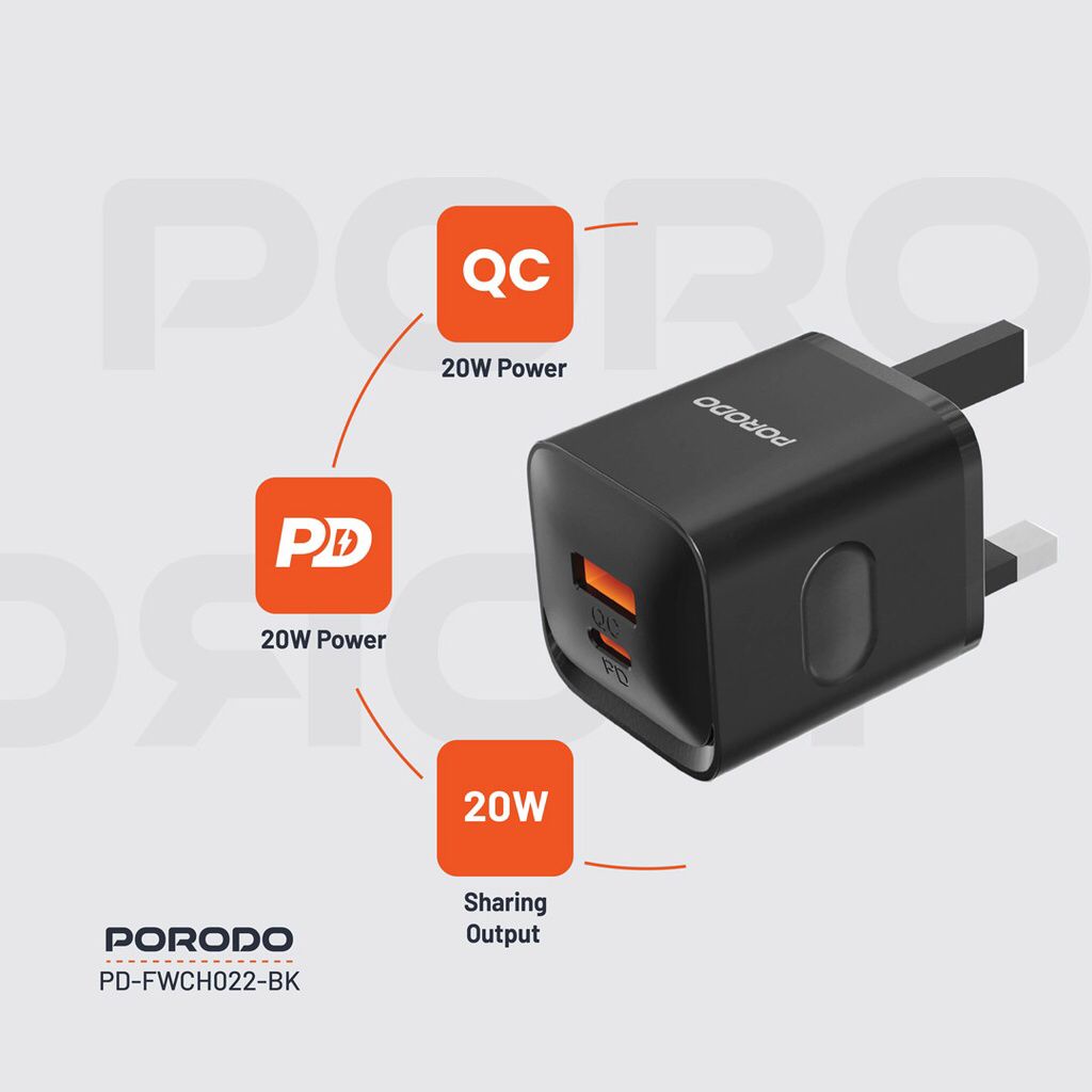 Porodo Dual port wall charger uk PD+QC 20W