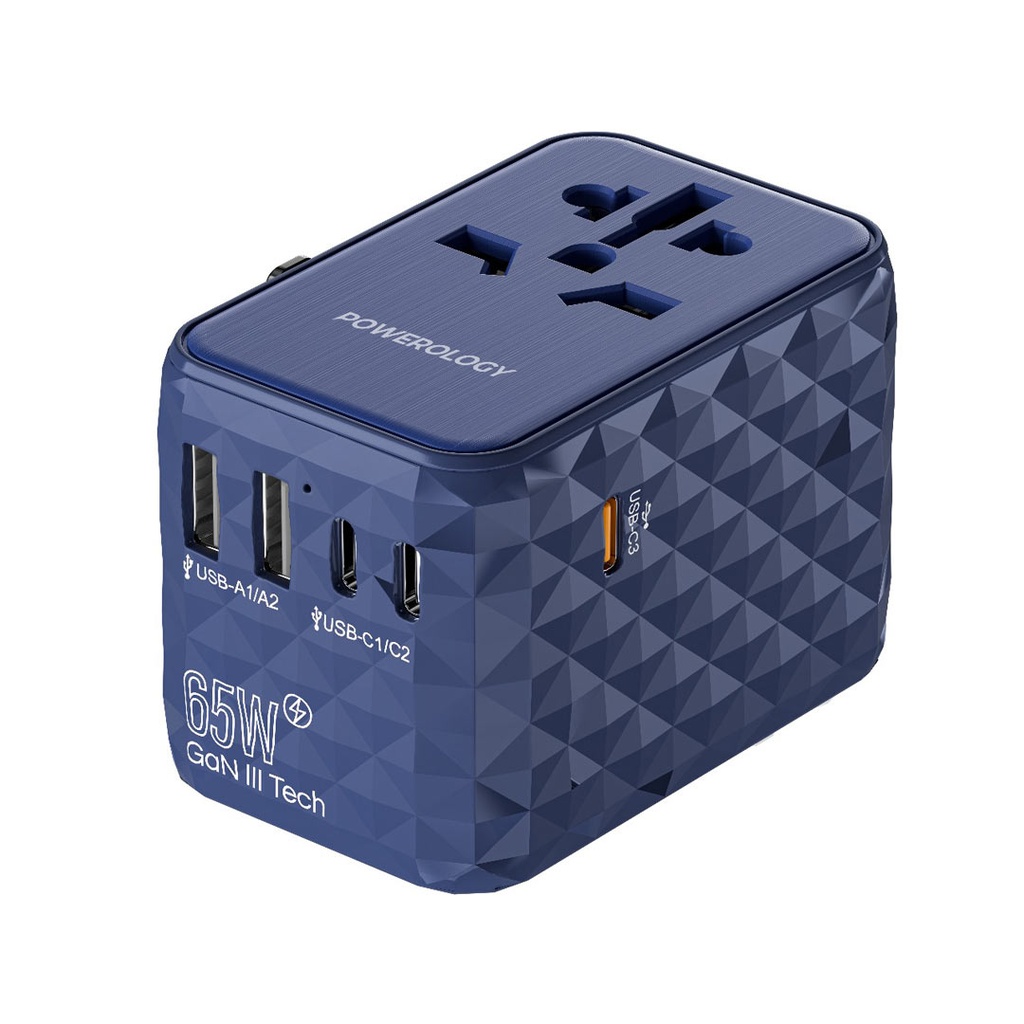 Powerology Universal Multi-Port Travel Adapter PD 65W ( 3X Type-C / 2X USB-A Ports ) - Black - P65W3PD-GY