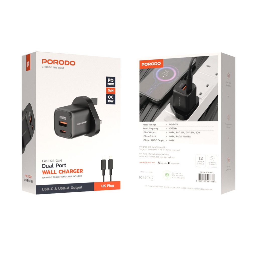 PORODO PD 20W USB QC3.0 UK FAST CHARGER WITH C CABLE -BLACK