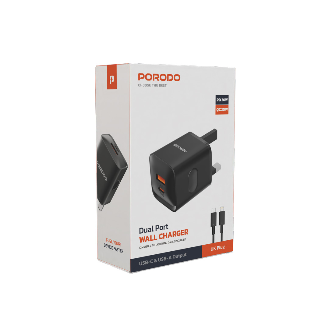 Porodo PD+QC 20W Charger with Type-C to Lightning Cable