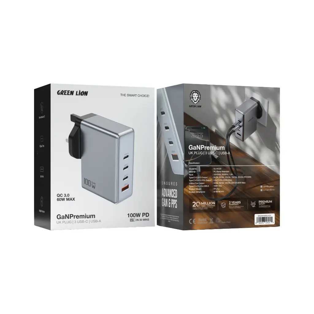 Green Lion GaNPremium UK Plug PD 100W - Gray