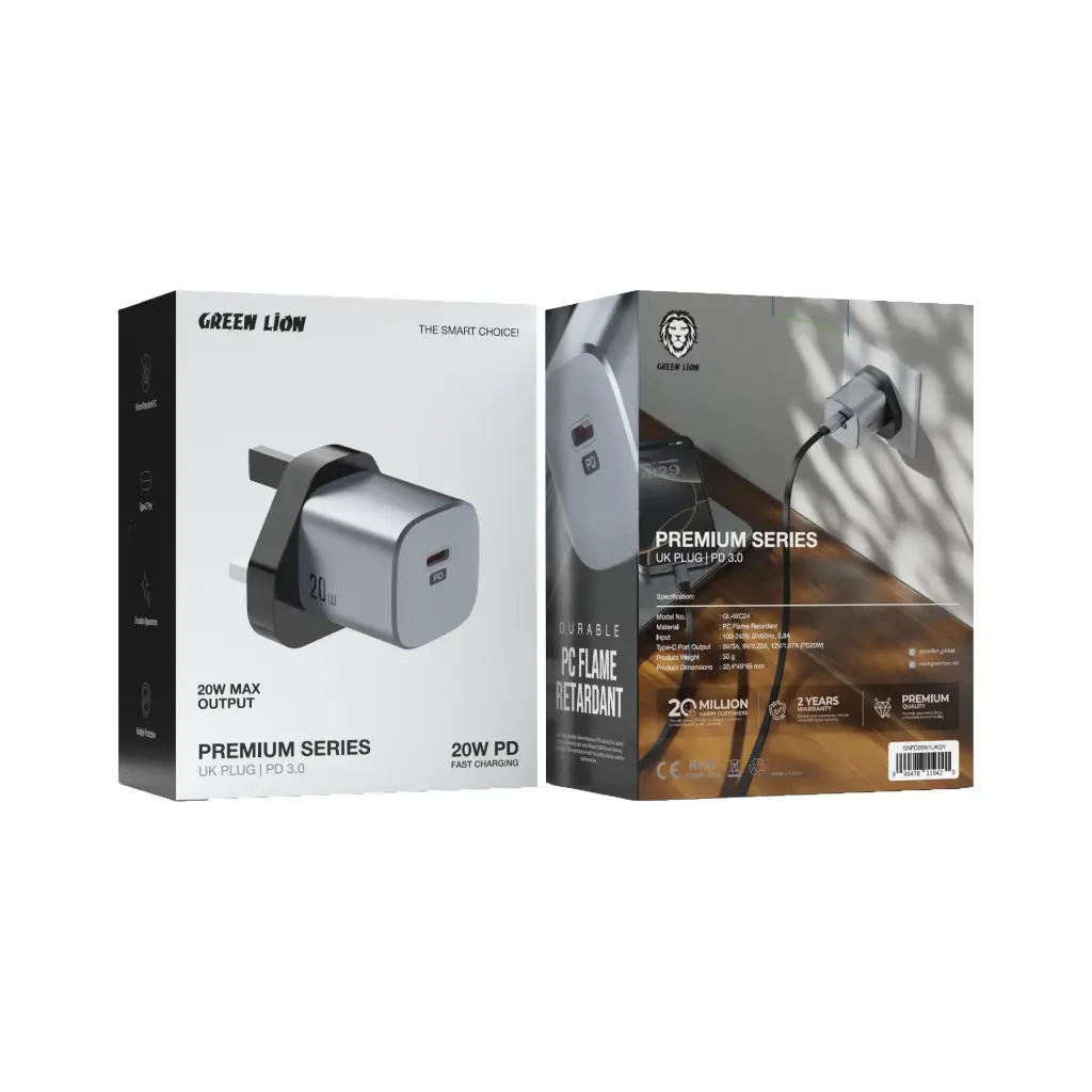 Green Lion Premium Series UK Plug PD 20W - Gray