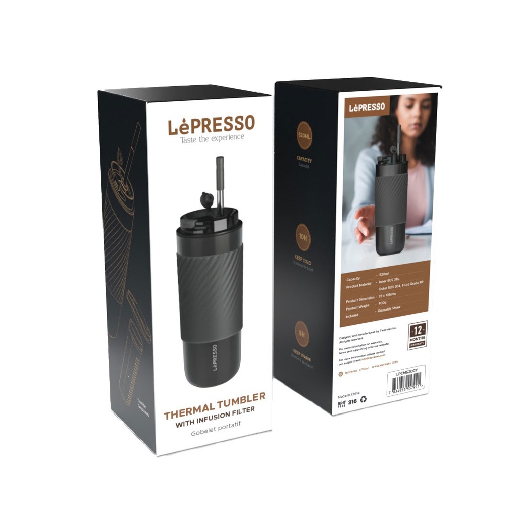 Lepresso Coffee Mug with Sleeve and Straw 520ml - Grey