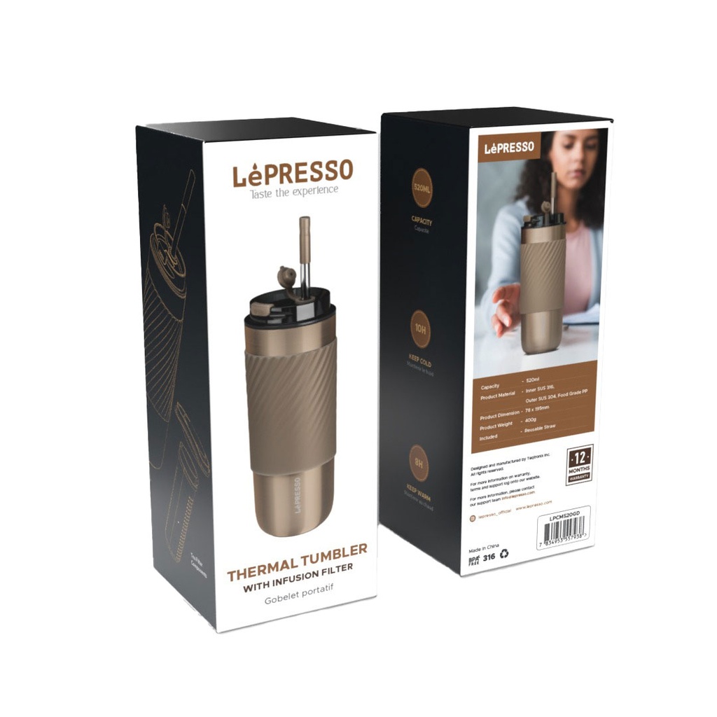 Lepresso Coffee Mug with Sleeve and Straw 520ml - Gold