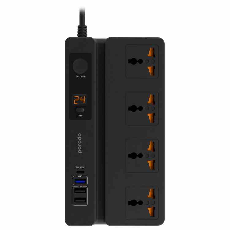 Porodo 4 AC 3 USB & USB-C PD 35W Multiport Socket 3M 3000W UK - Black
