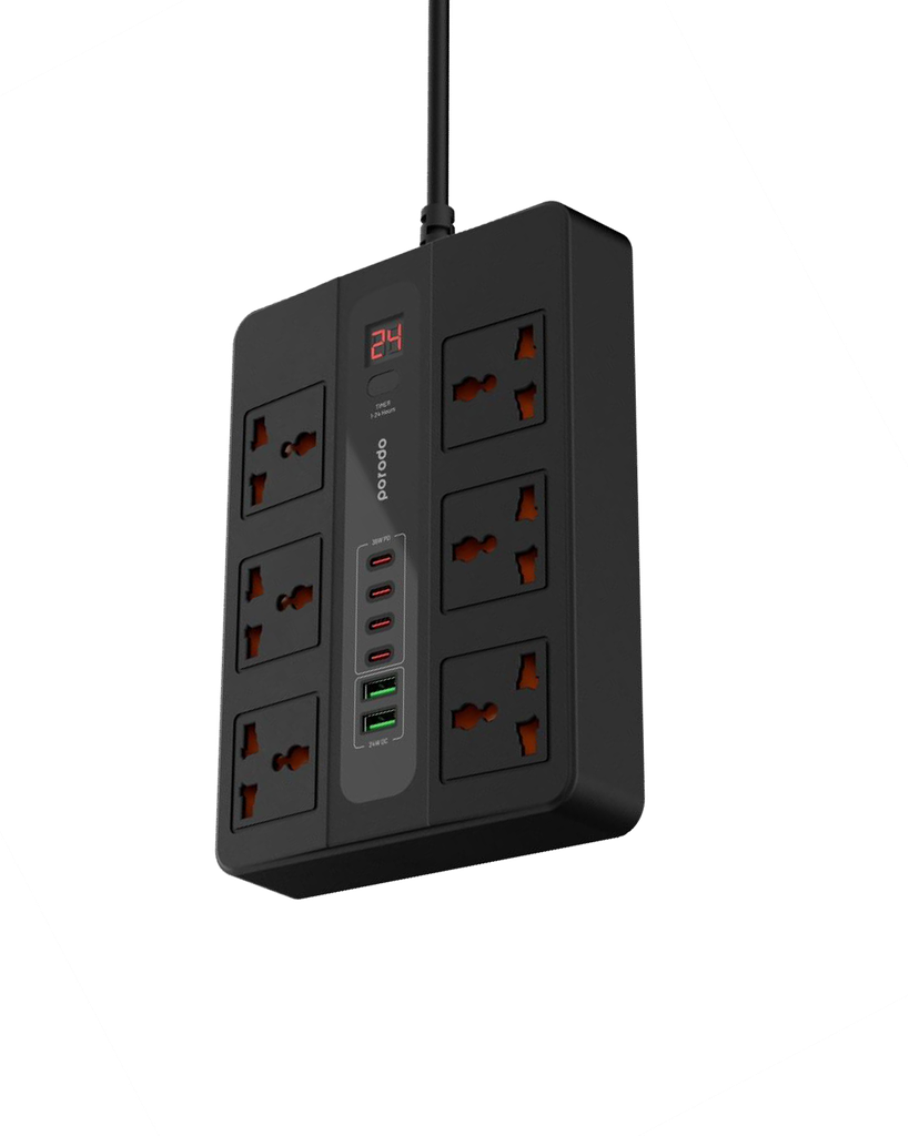 Porodo 6 AC 2 USB-A 24W & 4 USB-C PD 36W Multi-Port Super Hub 3M 3000W UK - Black