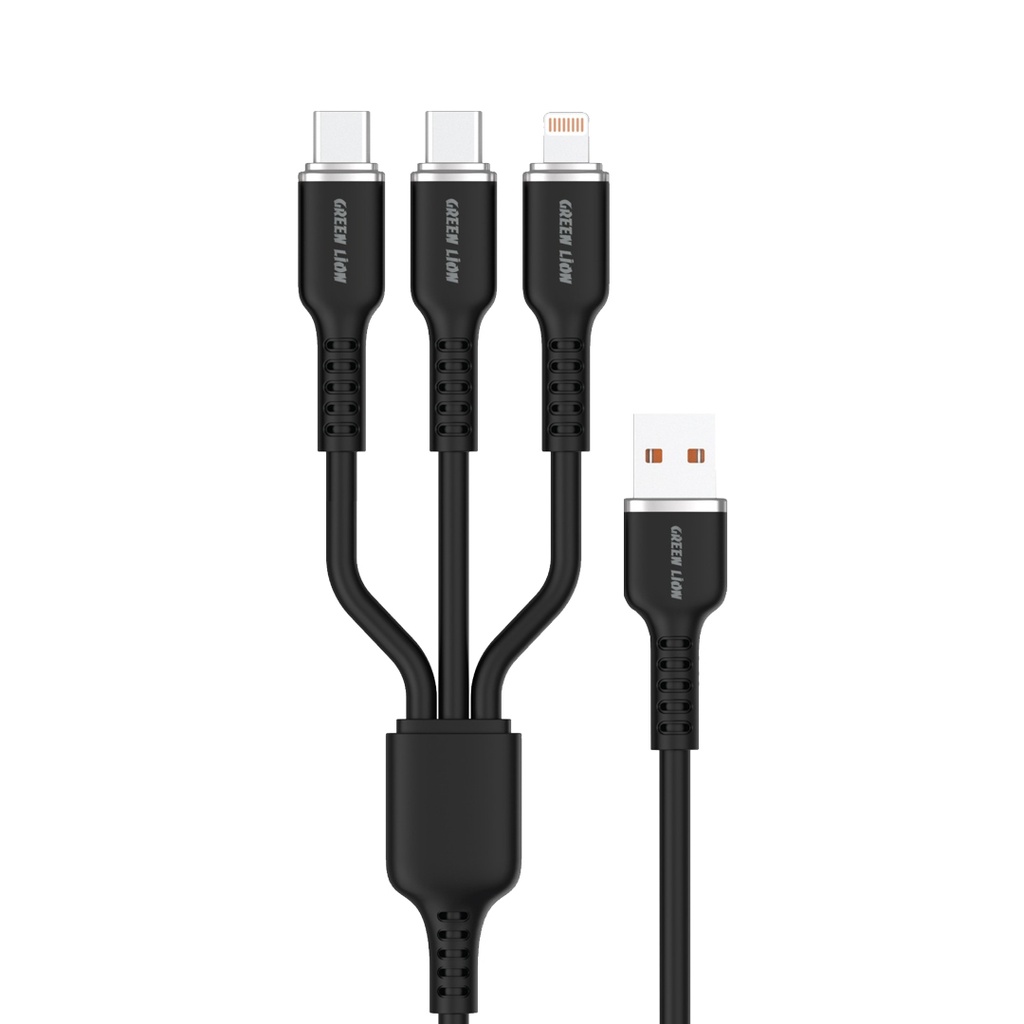 Green Lion 3in1 Silicone Cable USB-A to USB-Cx2 & Lightning 60W 1.2M - Black