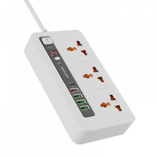 Porodo 3 AC 4 USB-A & USB-C PD 20W Multi-Port Super Hub 2M UK - White- PD-FWCH013-WH