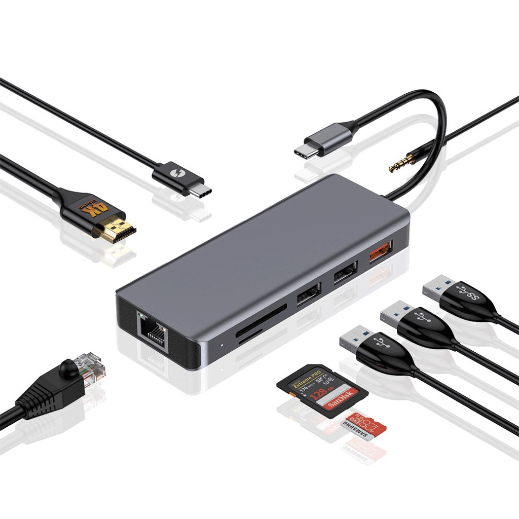 Porodo 9in1 4K HDMI Ethernet USB-C Hub Gray - PD-91CHB-GY