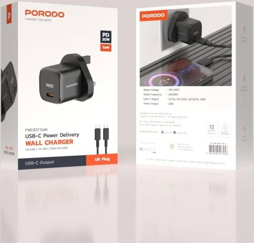 Porodo PD 20W UK Fast Charger with C to C Cable- Black