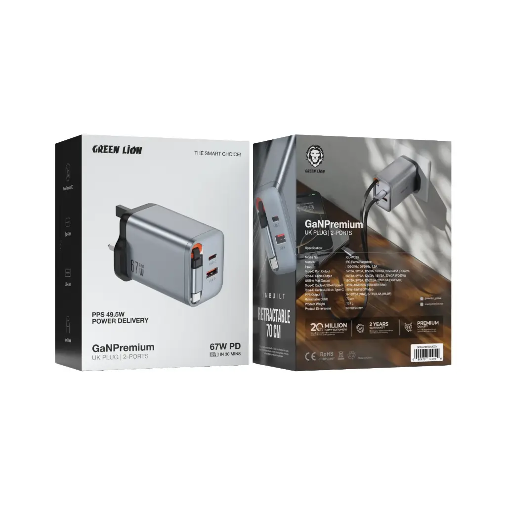 Green Lion GaNPremium UK Plug PD 67W - Gray
