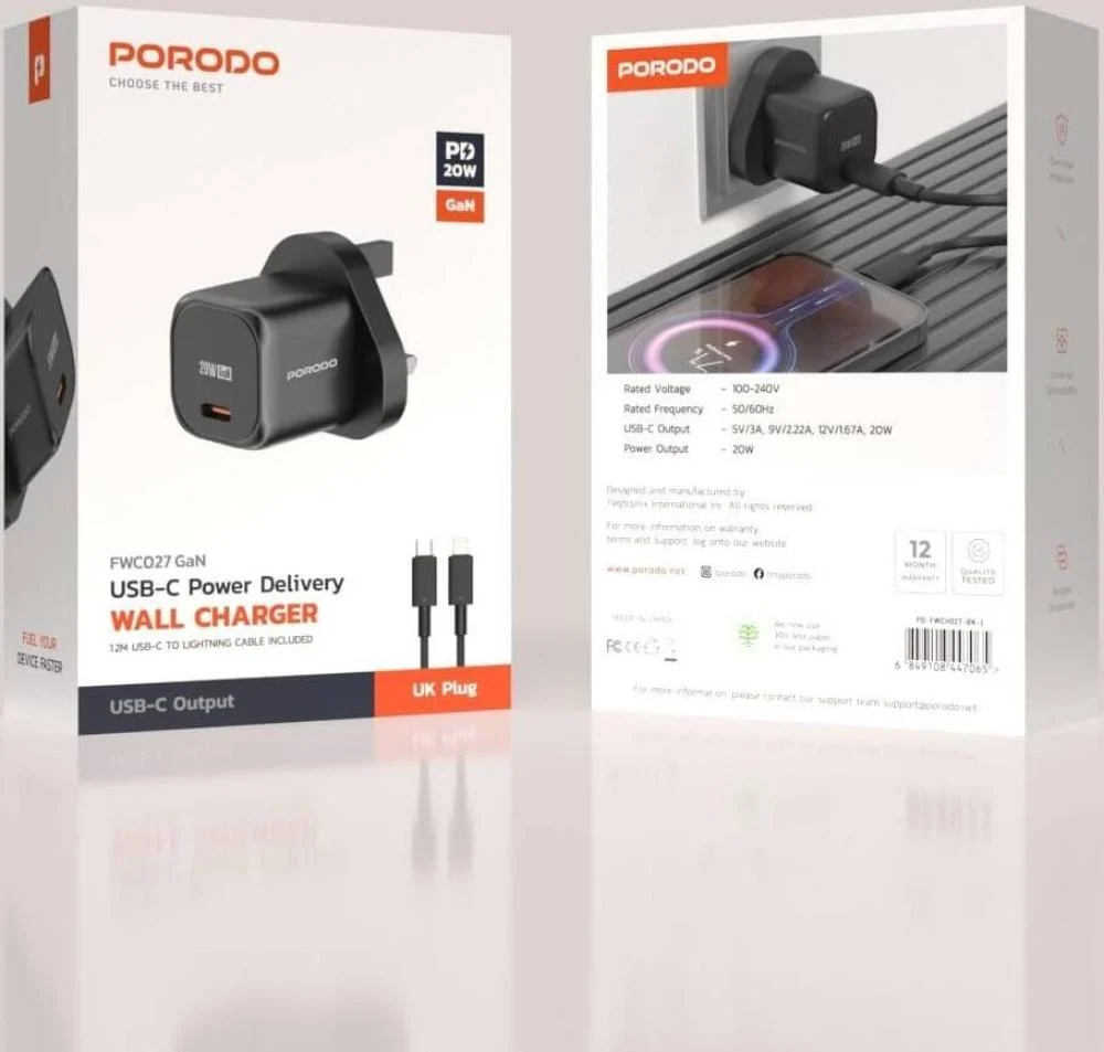 Porodo PD 20W UK Fast Charger with C to L Cable- Black