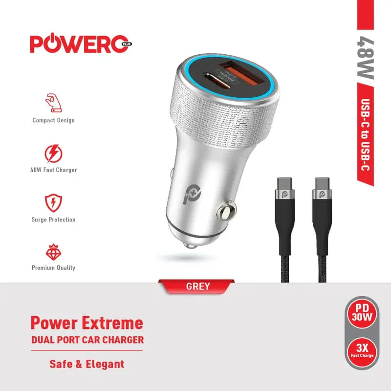 PowerO+ Power Extreme PD+QC Dual Output Car Charger 48W-Grey - PR- CCPD48-GY