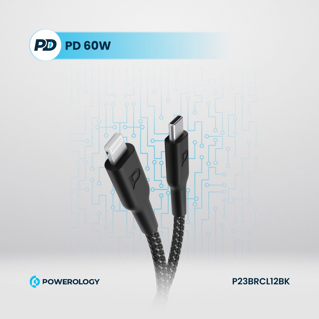 Powerology Braided USB-C To Lightning Data & Fast Charge Cable1.2-Black- P23BRCL12BK