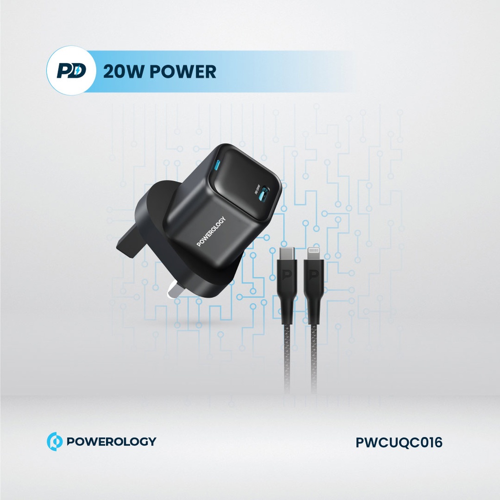 Powerology UK 3Pin Ultra-Compact Gan Charger 20WPD Black - PWCUQC016