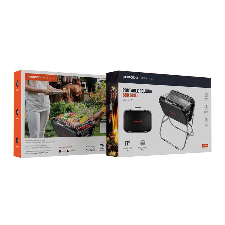 Porodo lifestyle foldable BBQ Grill With handle and tripod -black