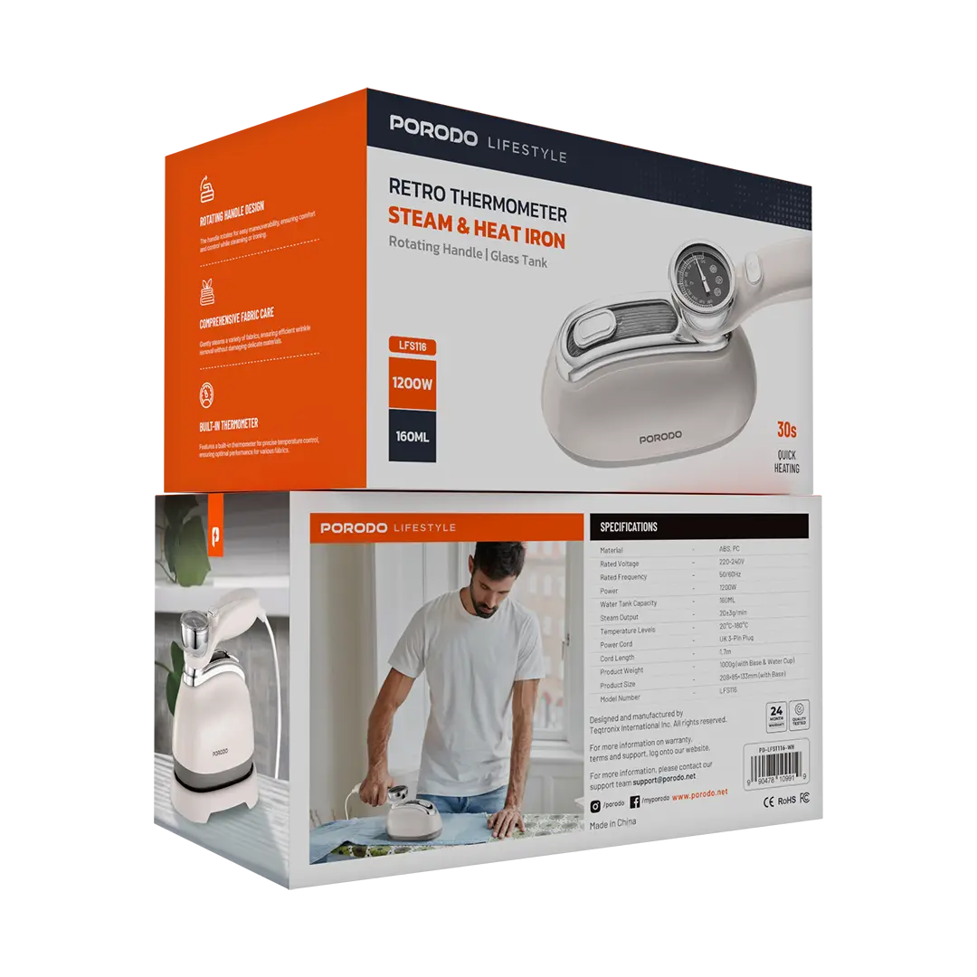 Porodo Lifestyle 1200W Vertical & Horizontal Steam Iron with 180° Rotatable Transparent 160ML Water Tank - White