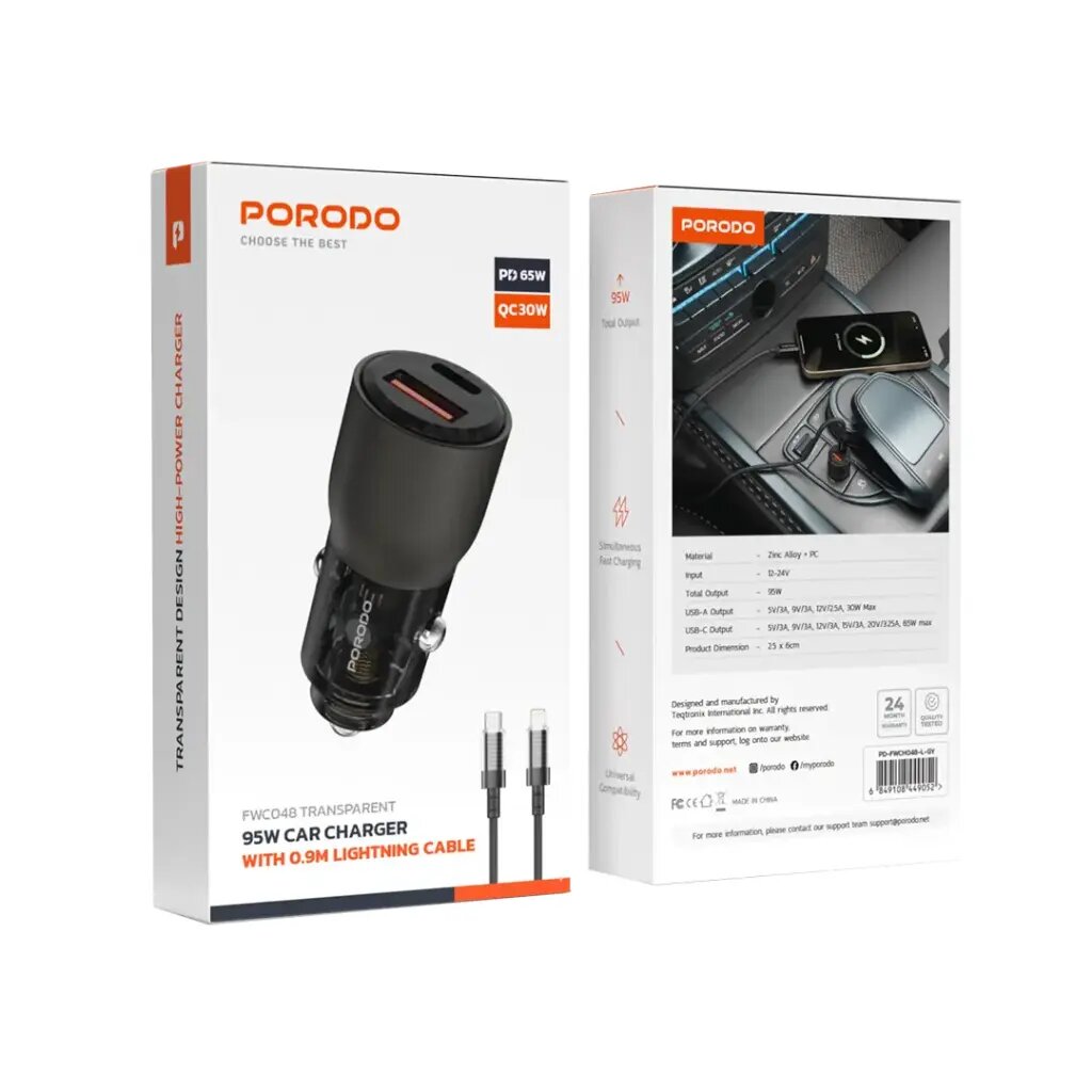 Porodo 96W Transparent USB-A+C Port Car Charger with C to L .9m Cable - Grey