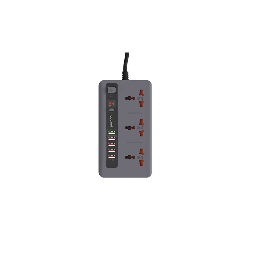 Porodo 3 AC 4 USB-A & USB-C PD 20W Multi-Port Super Hub 2M UK - Gray - PD-FWCH013-GR