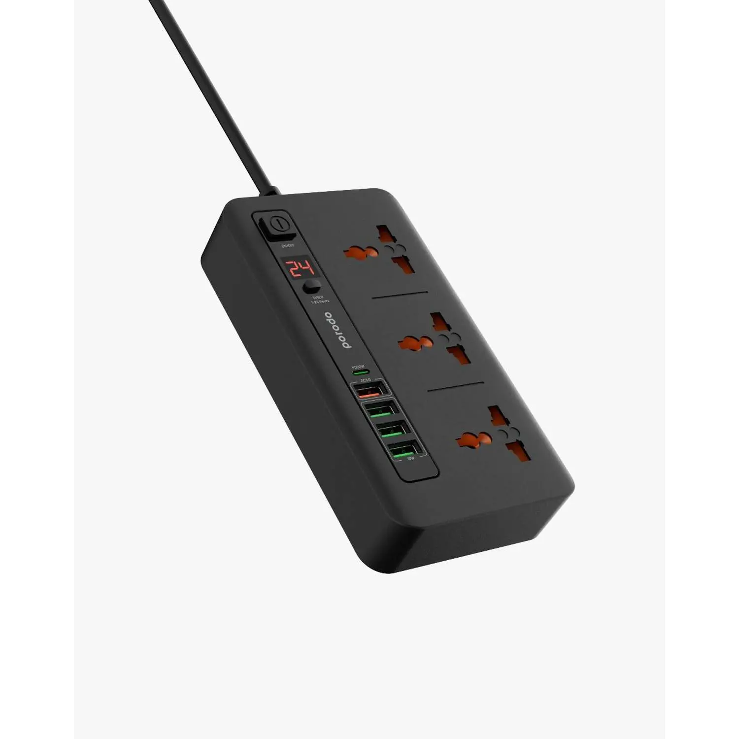 Porodo 3 AC 4 USB-A & USB-C PD 20W Multi-Port Super Hub 2M UK - Black- PD-FWCH013-BK