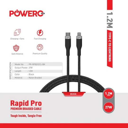 PoweroPlus Rapid pro braided cable USB-C TO LIGHTNING - Black - PR- RPBD12CL-BK
