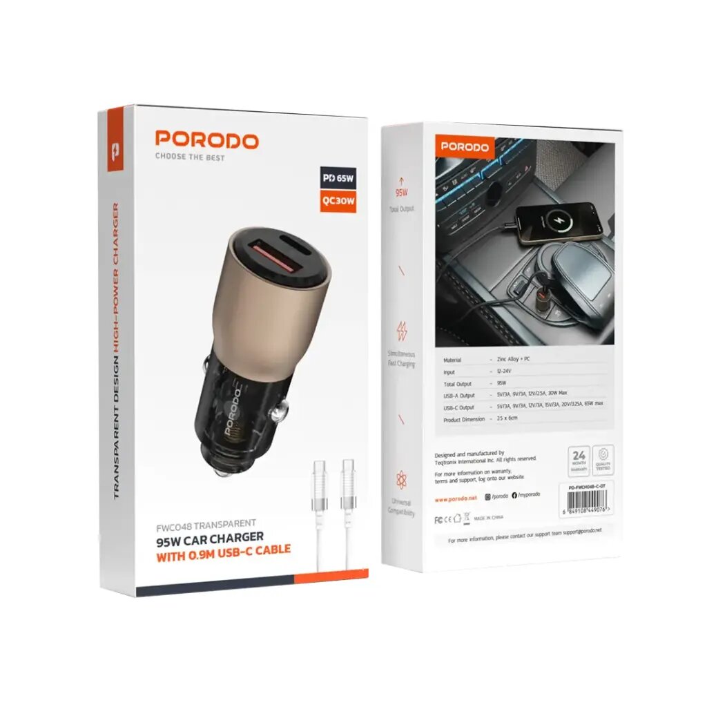 Porodo 96W Transparent USB-A+C Port Car Charger with C to C .9m Cable Porodo 96W Transparent USB-A+C Port Car Charger with C to C .9m Cable - Desert Titanium