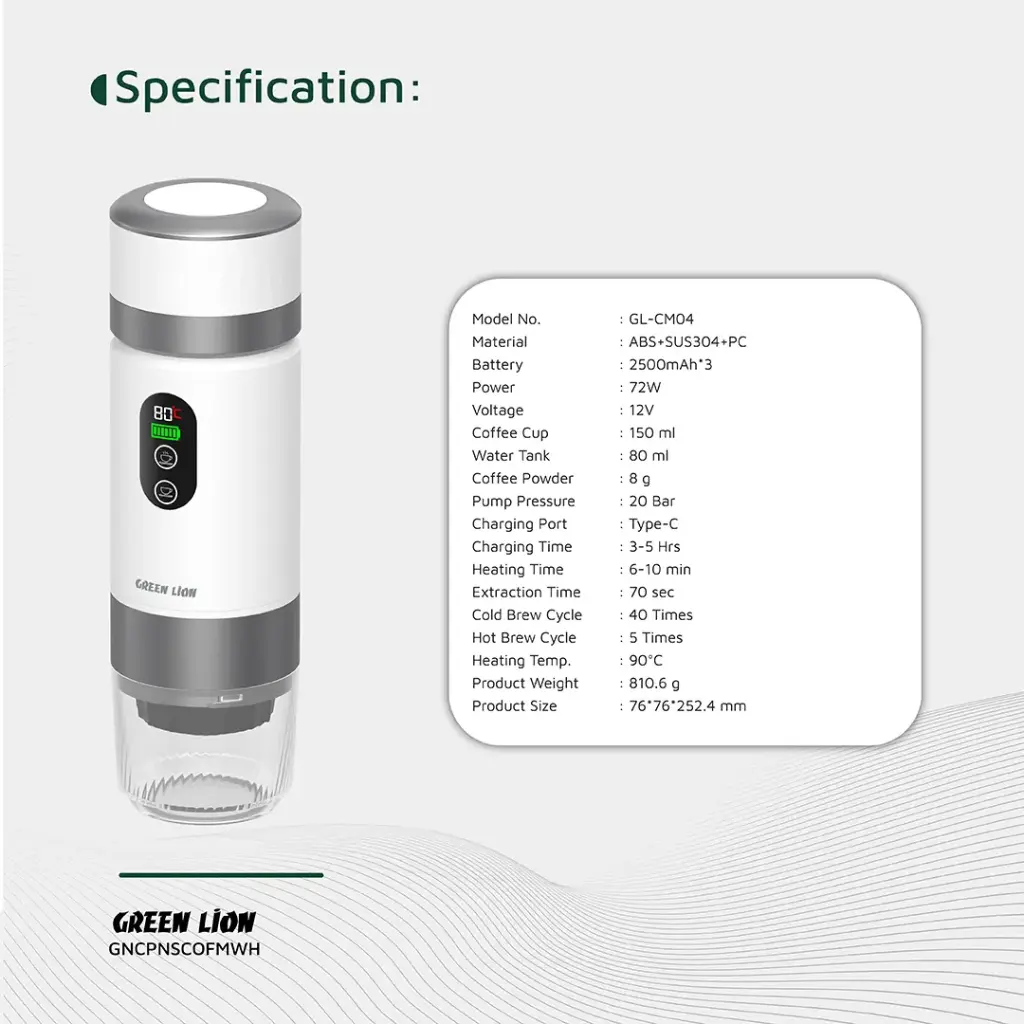 Green Lion Campinas Portable Coffee Maker 80ml - White