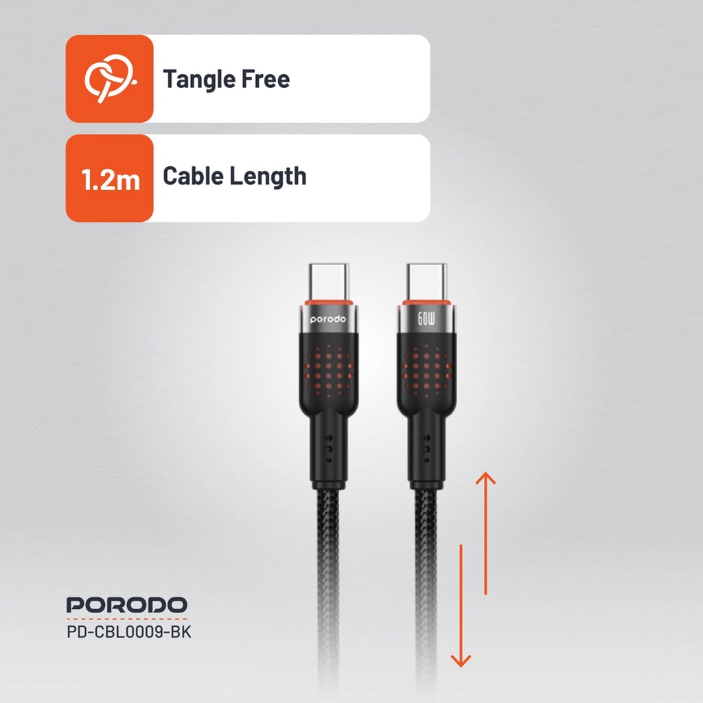 Porodo Alum. Alloy Braided Cable Type-C to C 60W 1.2m - Black