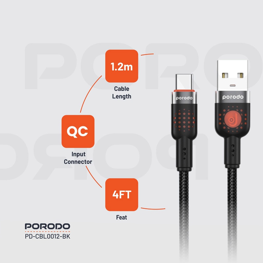 Porodo Alum. Alloy Braided Cable USB to Type-C 1.2m - Black
