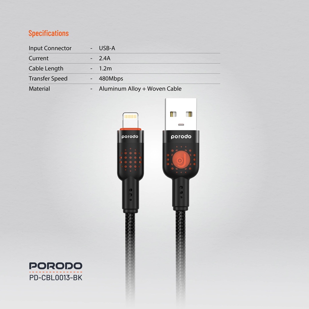 Porodo Alum. Alloy Braided Cable USB to Lightning 1.2m - Black