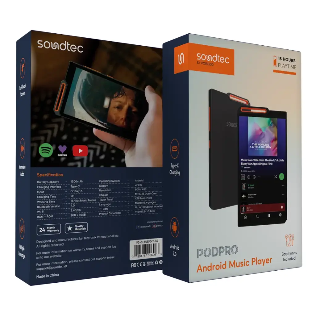 Porodo Soundtec MP3 Player with BT/WiFi 1500mAh - Black