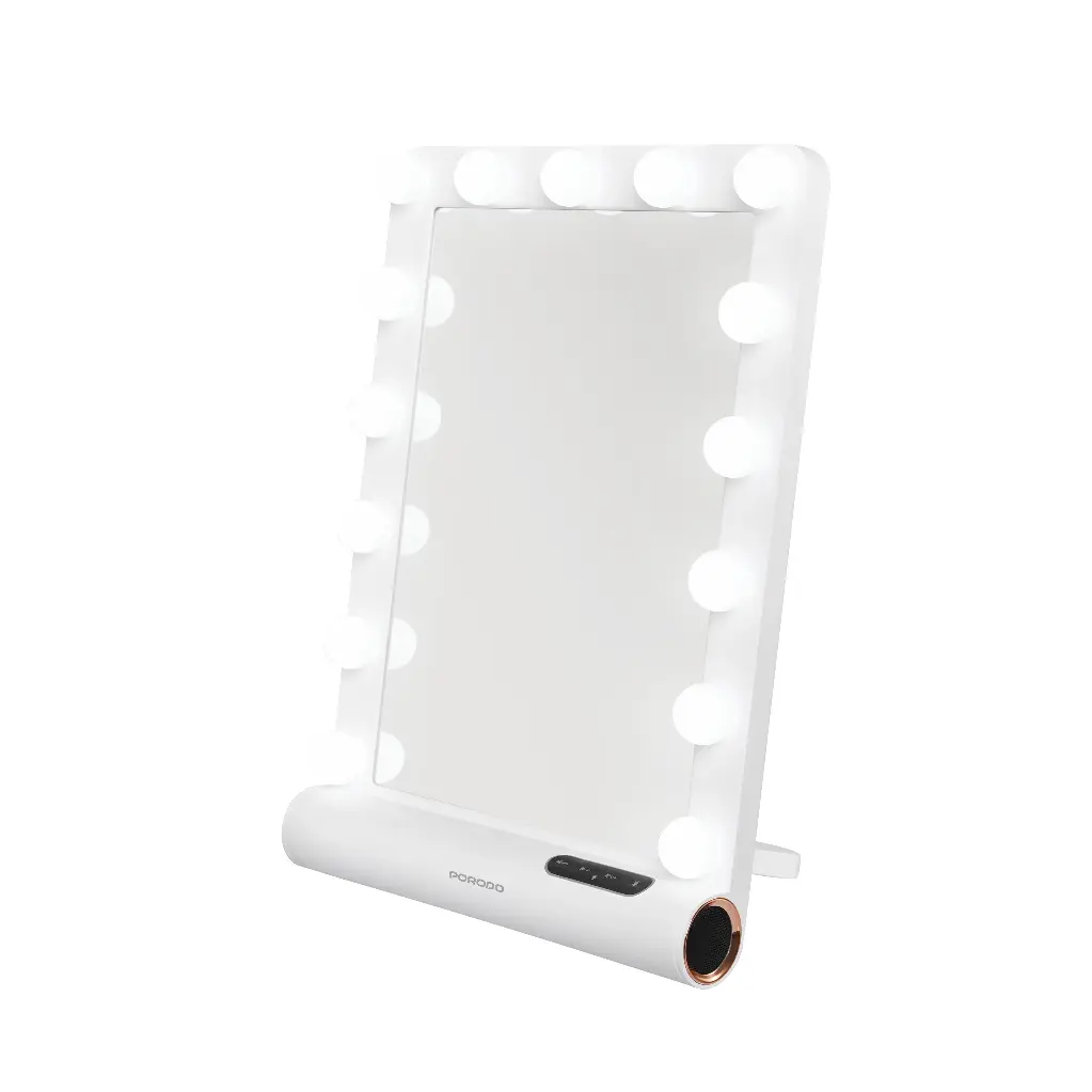 Porodo Square Hollywood Vanity Mirror with Speaker 15 LED Bulb 12VWhite Rose Gol d