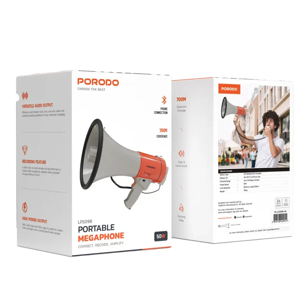 Porodo Lifestyle 50W Siren Bluetooth Speaker and Recorder Megaphone - Orange
