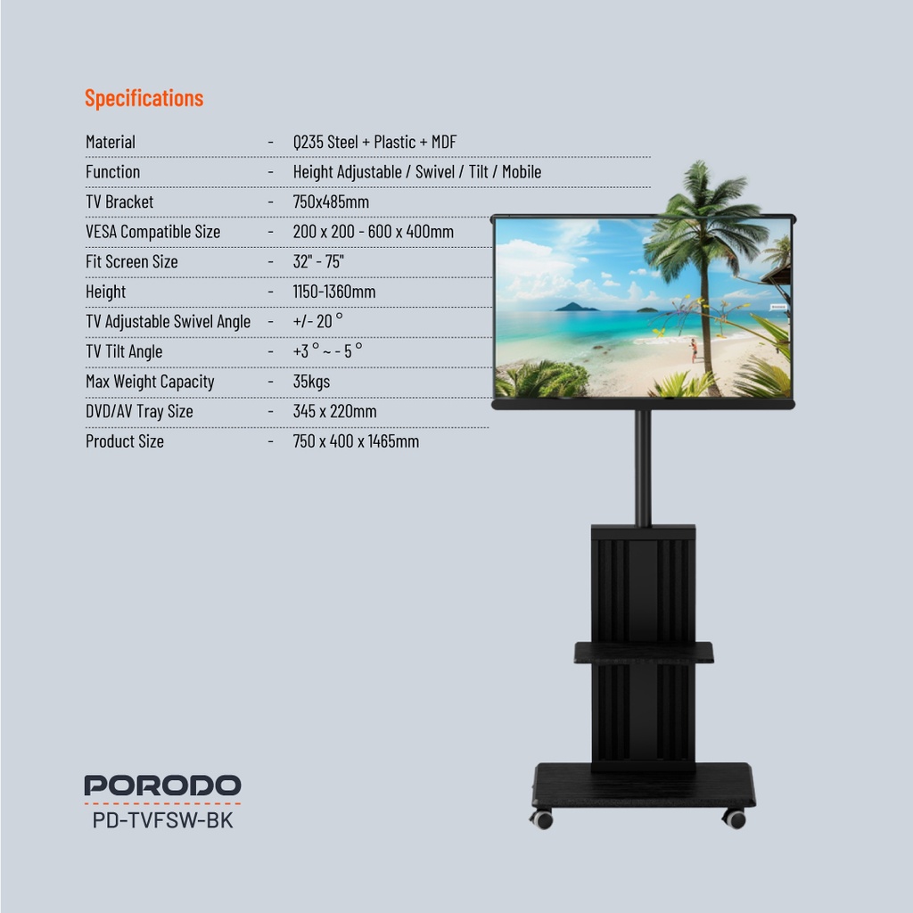 Porodo 32"-75" TV Floor Stand With Wheels - Black
