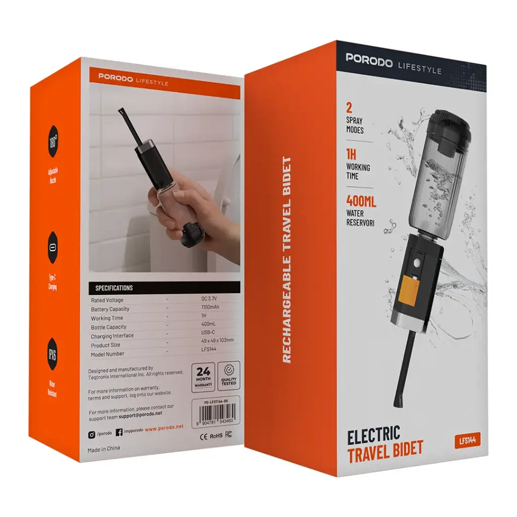 Porodo Lifestyle Portable Bidet Sprayer with Dual Speed Mode 1100mAh 400ml Bottle -B lack