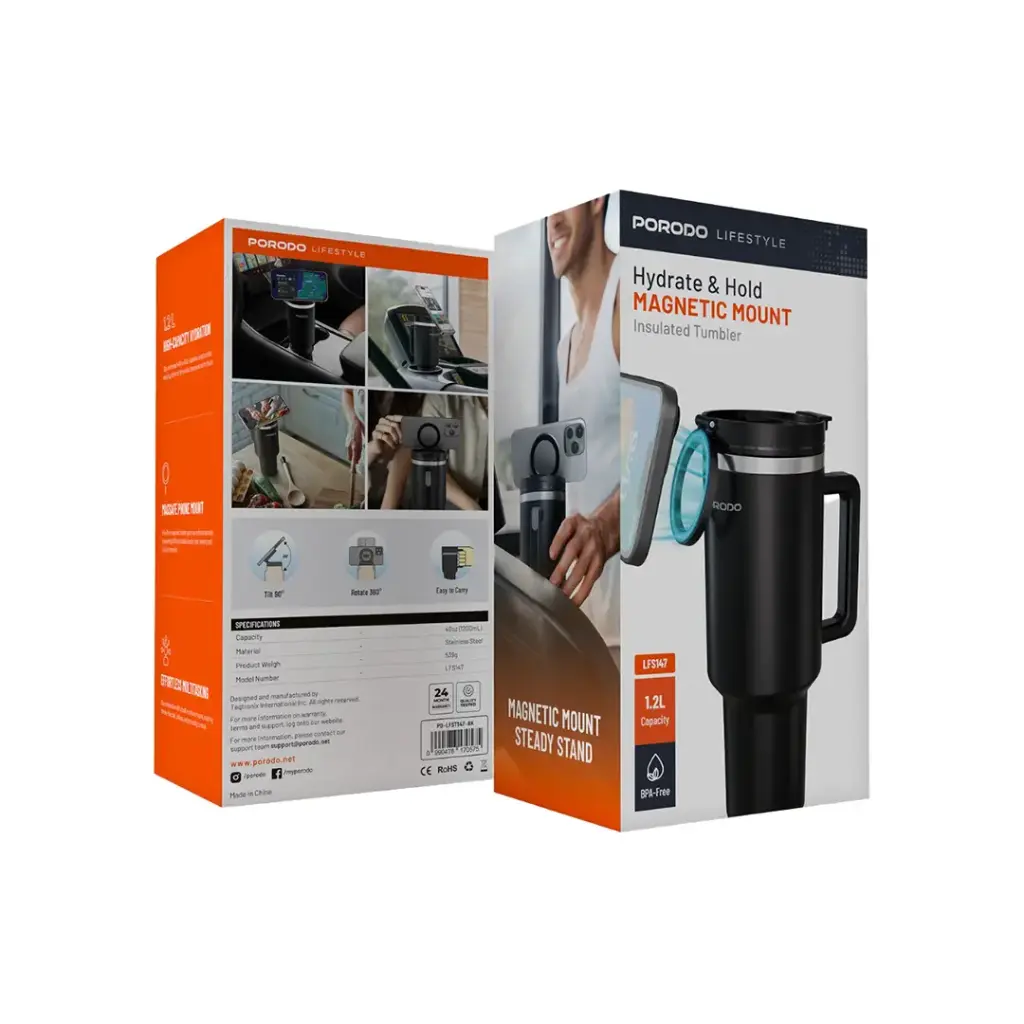 Porodo Lifestyle MagSafe Phone Holder 40oz Tumbler with Handle and Stainless Straw - Black