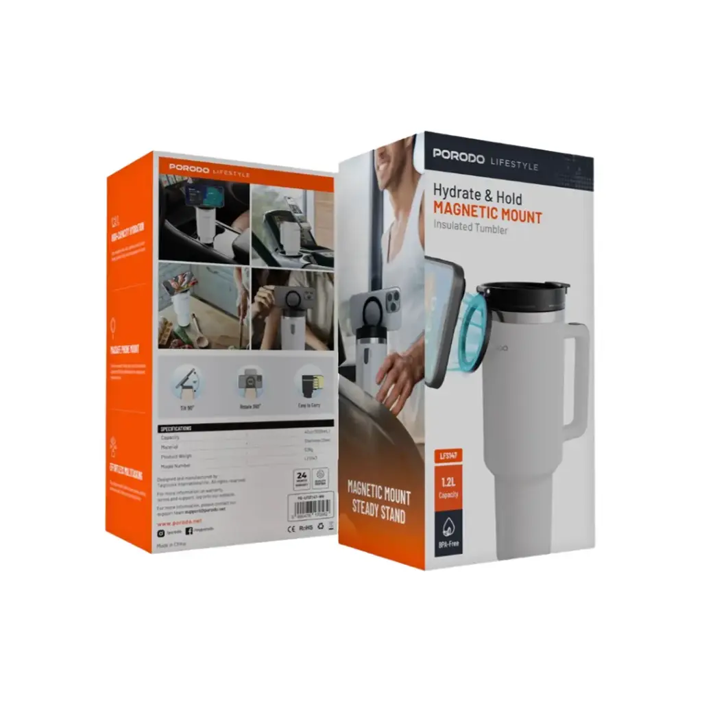 Porodo Lifestyle MagSafe Phone Holder 40oz Tumbler with Handle and Stainless Straw - White