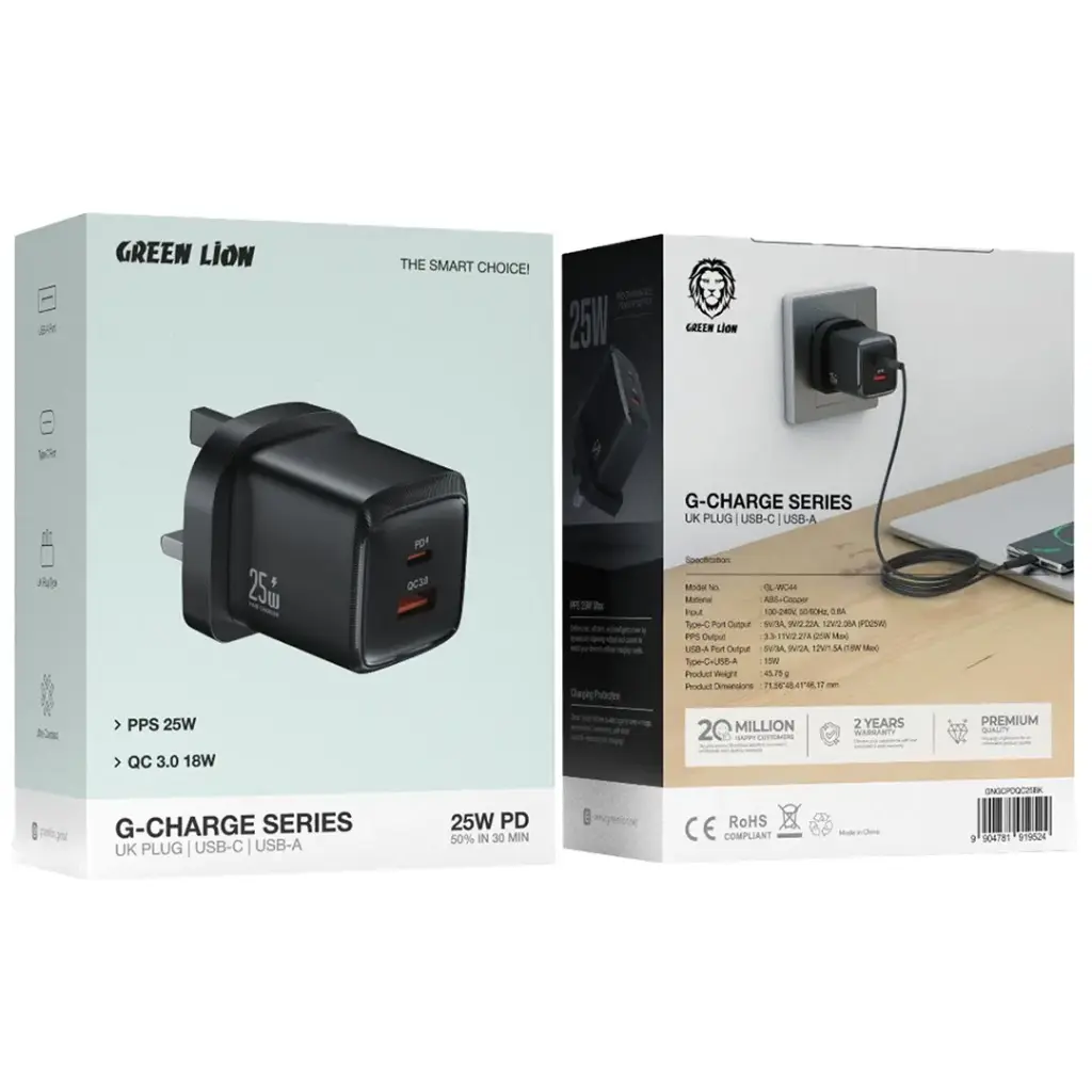 Green Lion Wall Charger PD +QC signal channel 25W TC-IPH cable 1m - Black